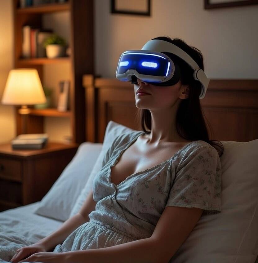 Woman with VR headset ready for bed